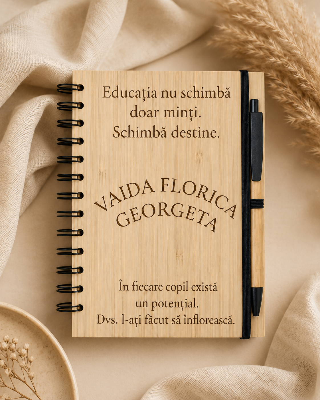 Carnet din bambus cu pix, personalizat pentru cadre didactice