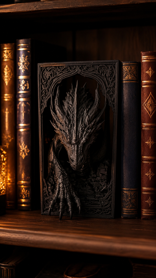 Book Nook Dragon 3D – decor fantasy pentru raft și bibliotecă