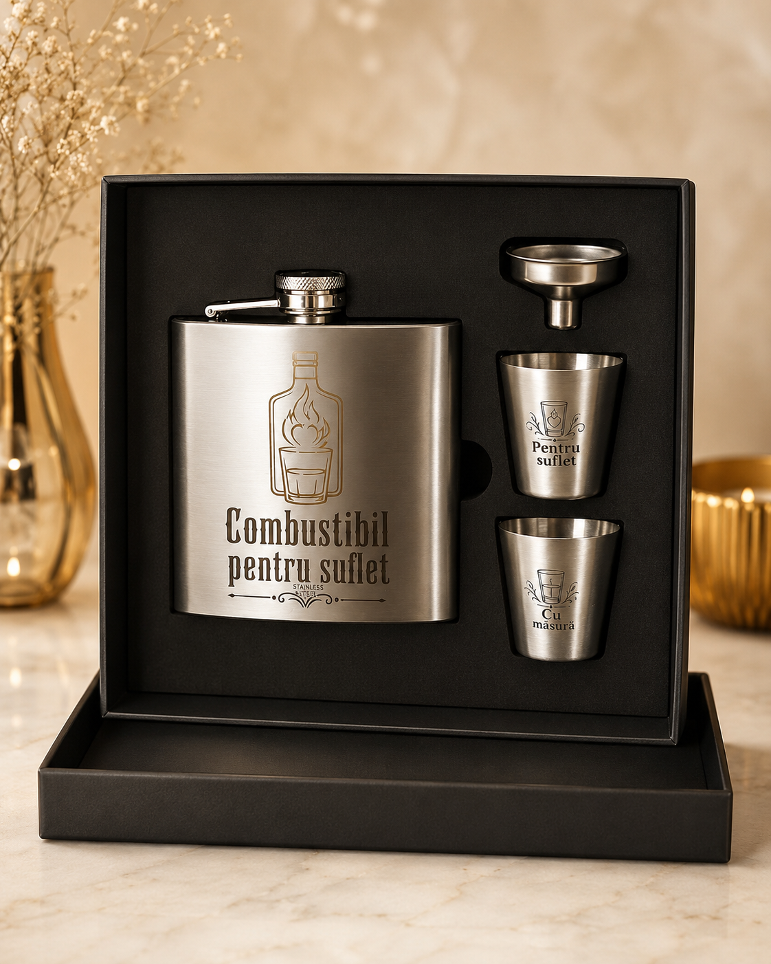 Set ploscă inox personalizat – Combustibil pentru suflet