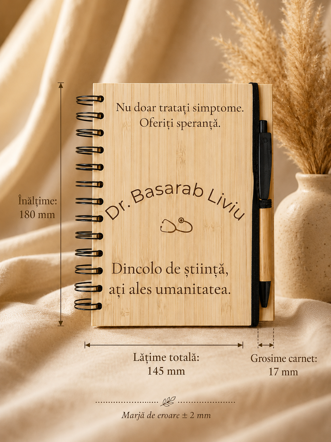 Carnet din bambus cu pix, personalizat pentru cadre medicale