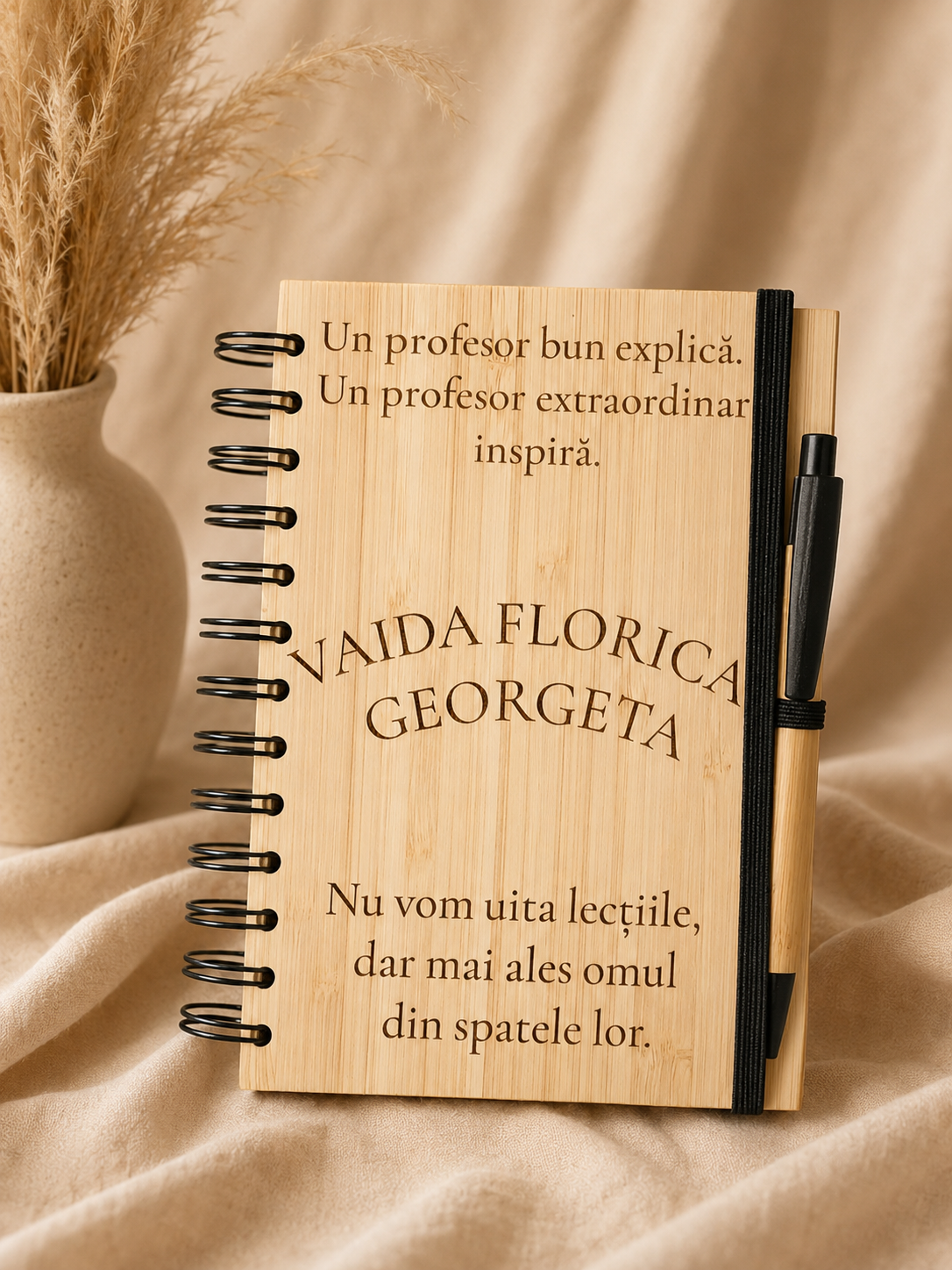 Carnet din bambus cu pix, personalizat pentru cadre didactice
