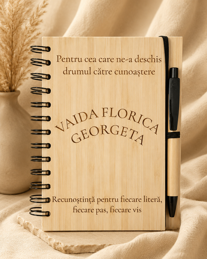 Carnet din bambus cu pix, personalizat pentru cadre didactice