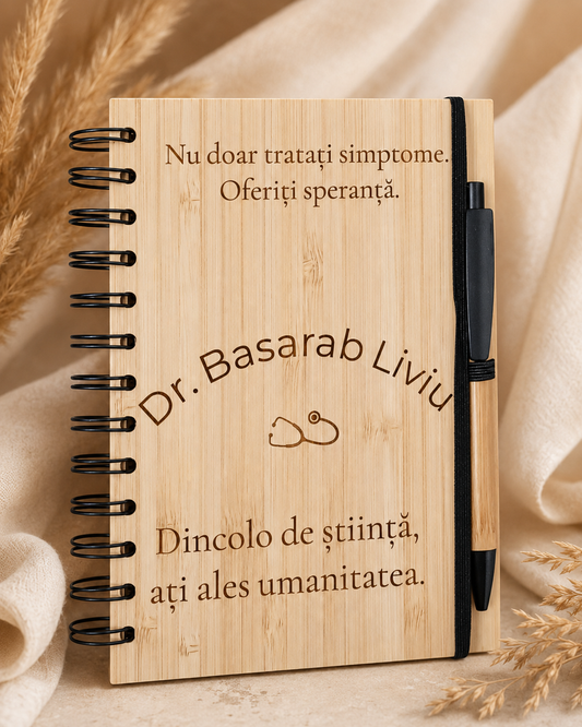 Carnet din bambus cu pix, personalizat pentru cadre medicale