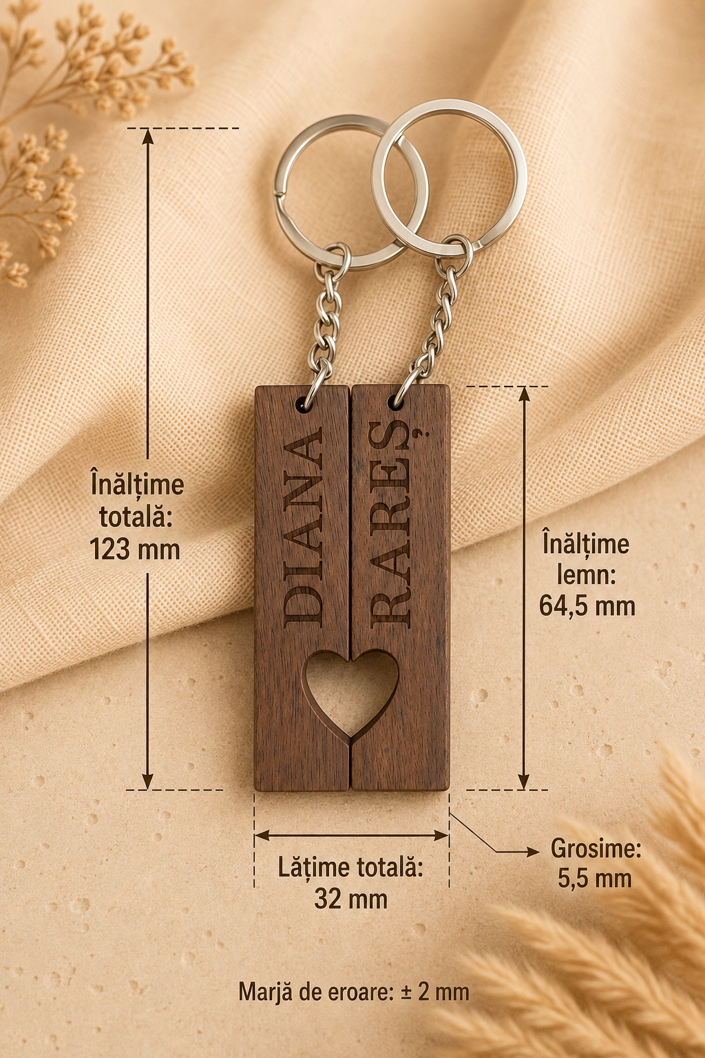 Set brelocuri de cuplu din lemn personalizat