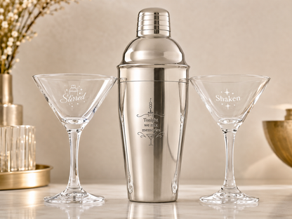 Set cocktail personalizat – shaker inox + 2 pahare Martini