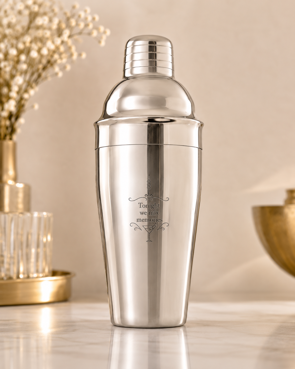 Set cocktail personalizat – shaker inox + 2 pahare Martini