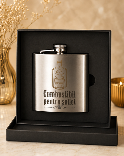 Set ploscă inox personalizat – Combustibil pentru suflet