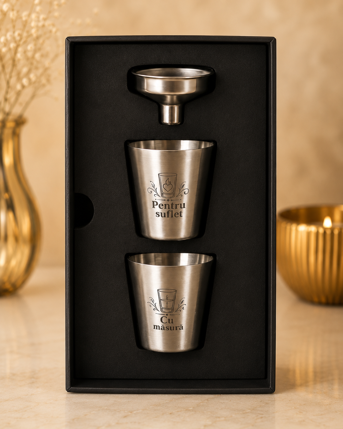 Set ploscă inox personalizat – Combustibil pentru suflet
