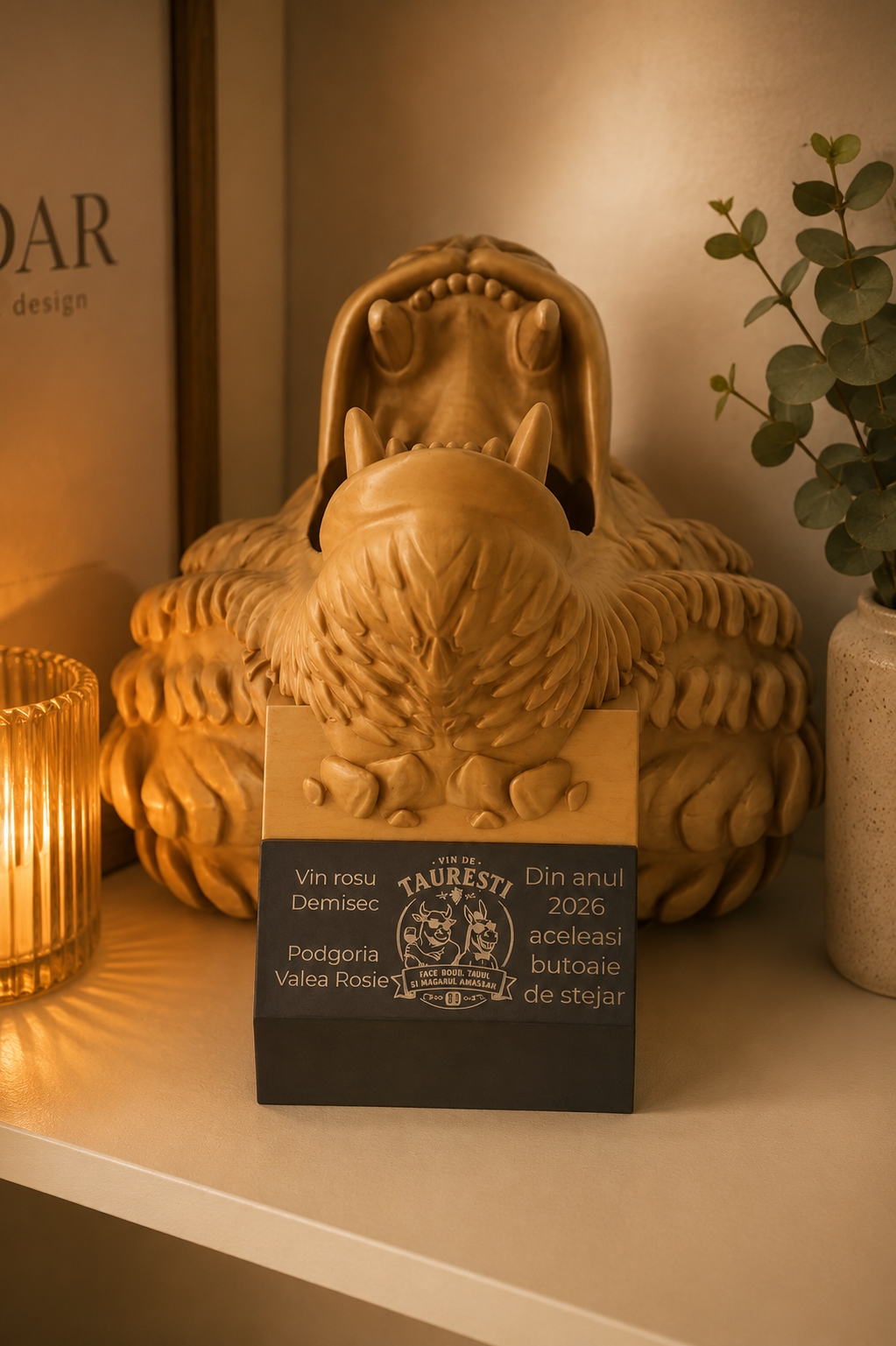 Suport decorativ pentru sticlă de vin cu plăcuță personalizabilă