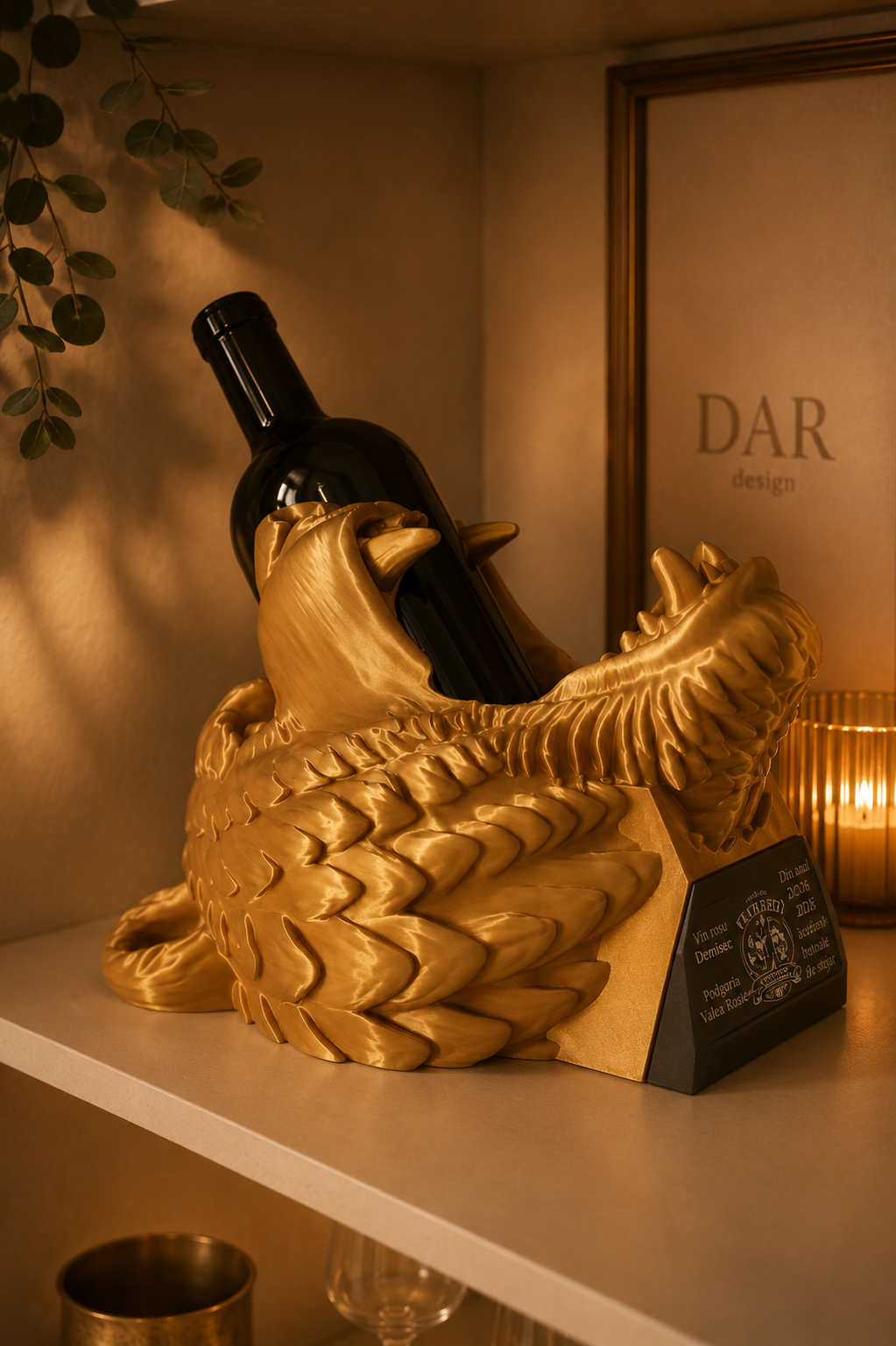Suport decorativ pentru sticlă de vin cu plăcuță personalizabilă