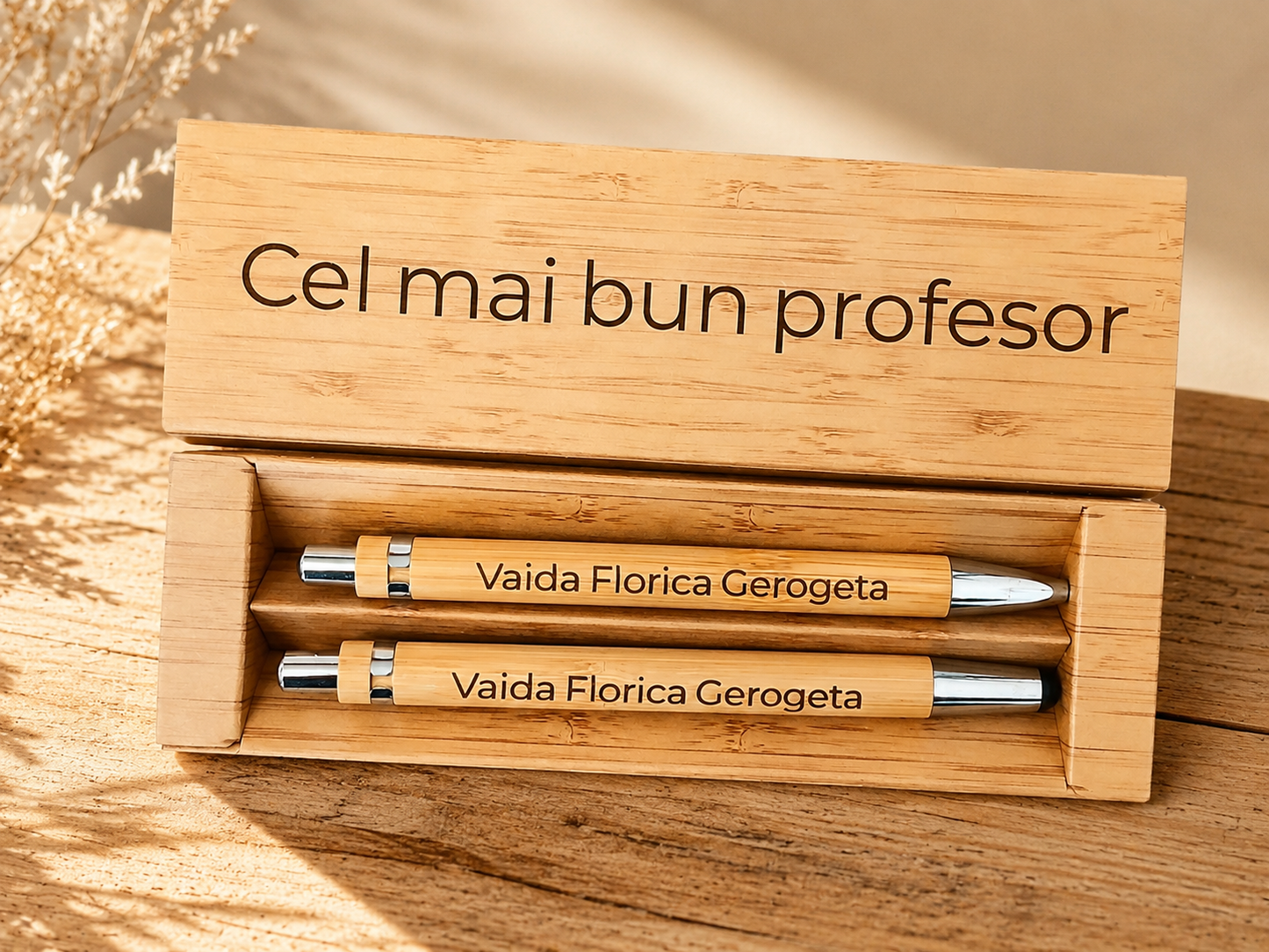 Set din bambus cu pix și creion, personalizat
