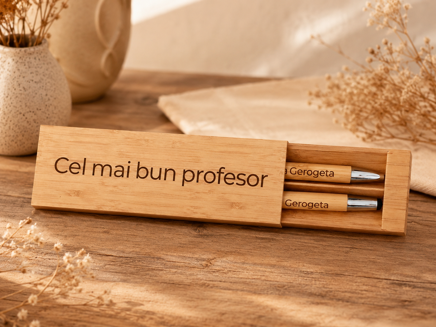 Set din bambus cu pix și creion, personalizat