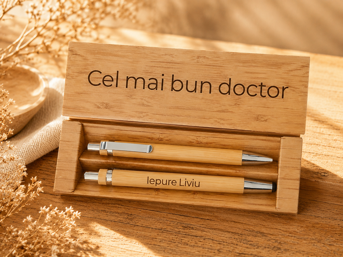 Set din bambus cu pix și creion, personalizat