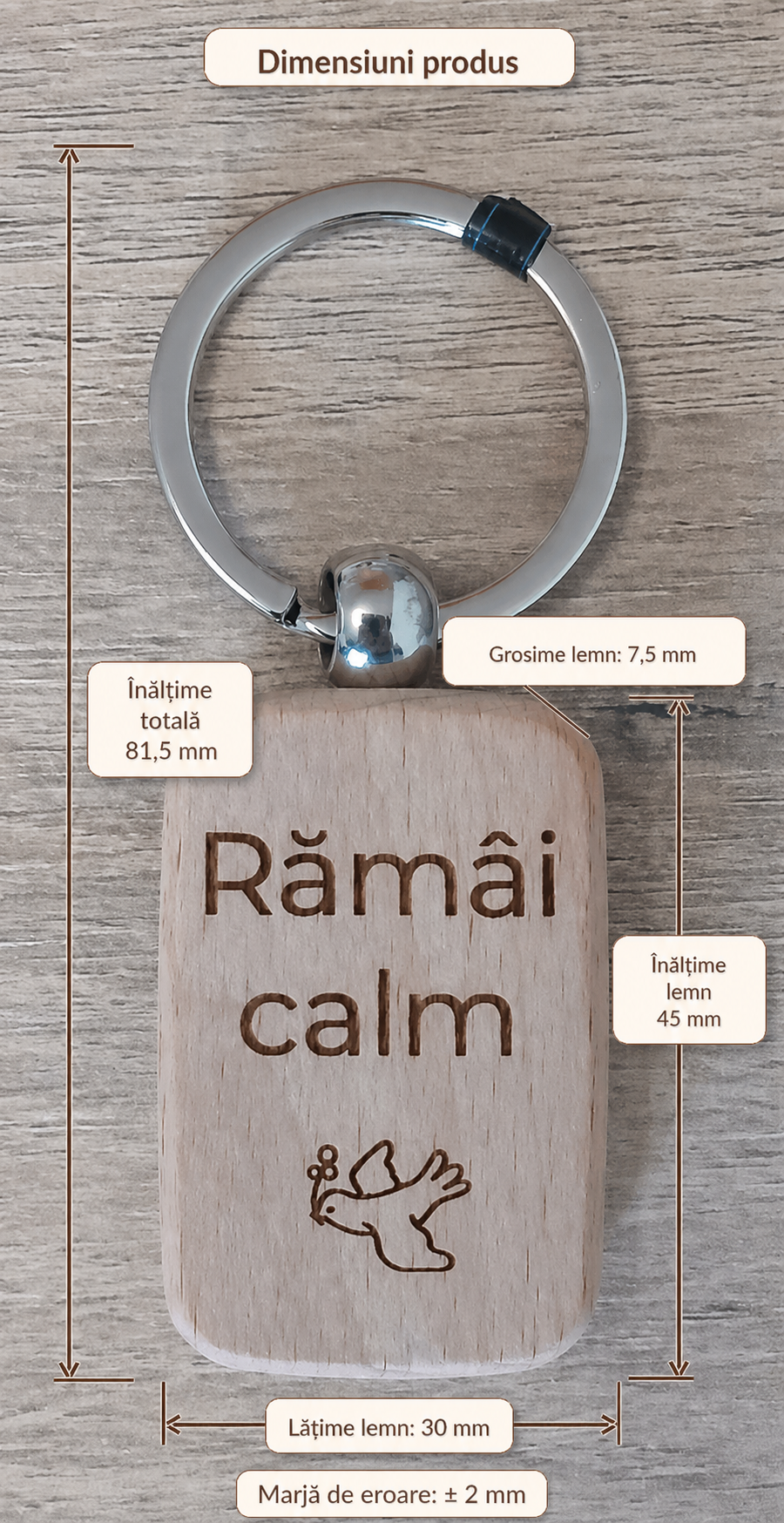 Breloc din lemn, personalizat cu mesaj motivațional
