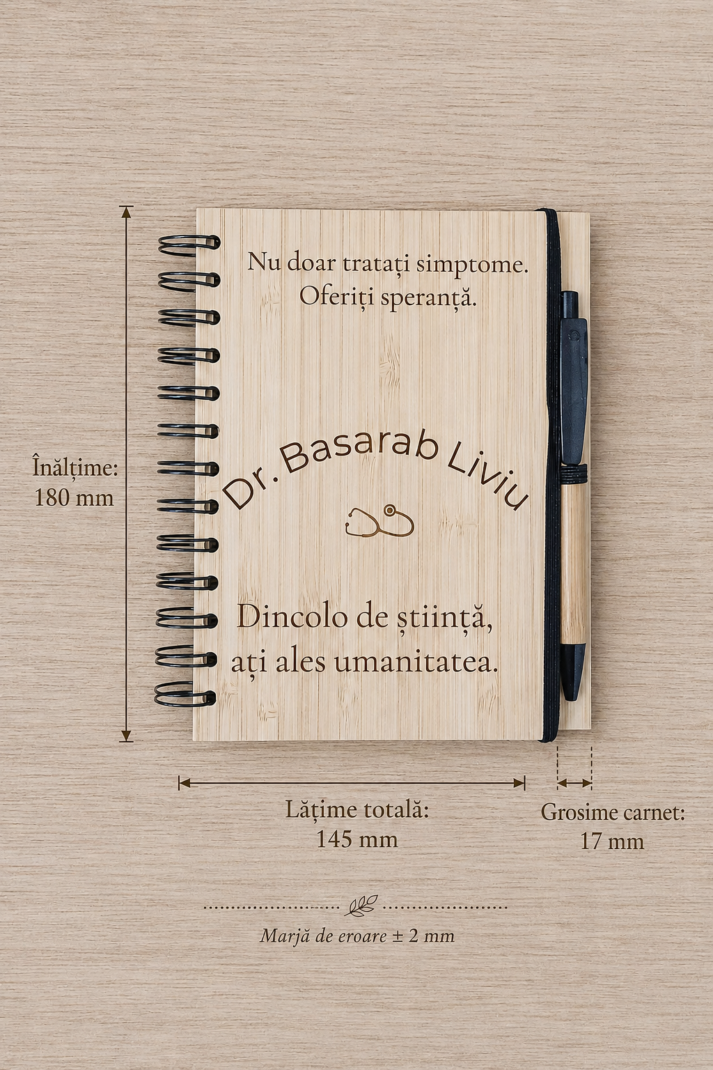 Carnet din bambus cu pix, personalizat pentru cadre medicale