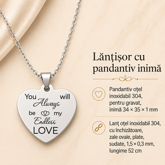 Lănțișor din oțel inoxidabil personalizat cu pandantiv inimă