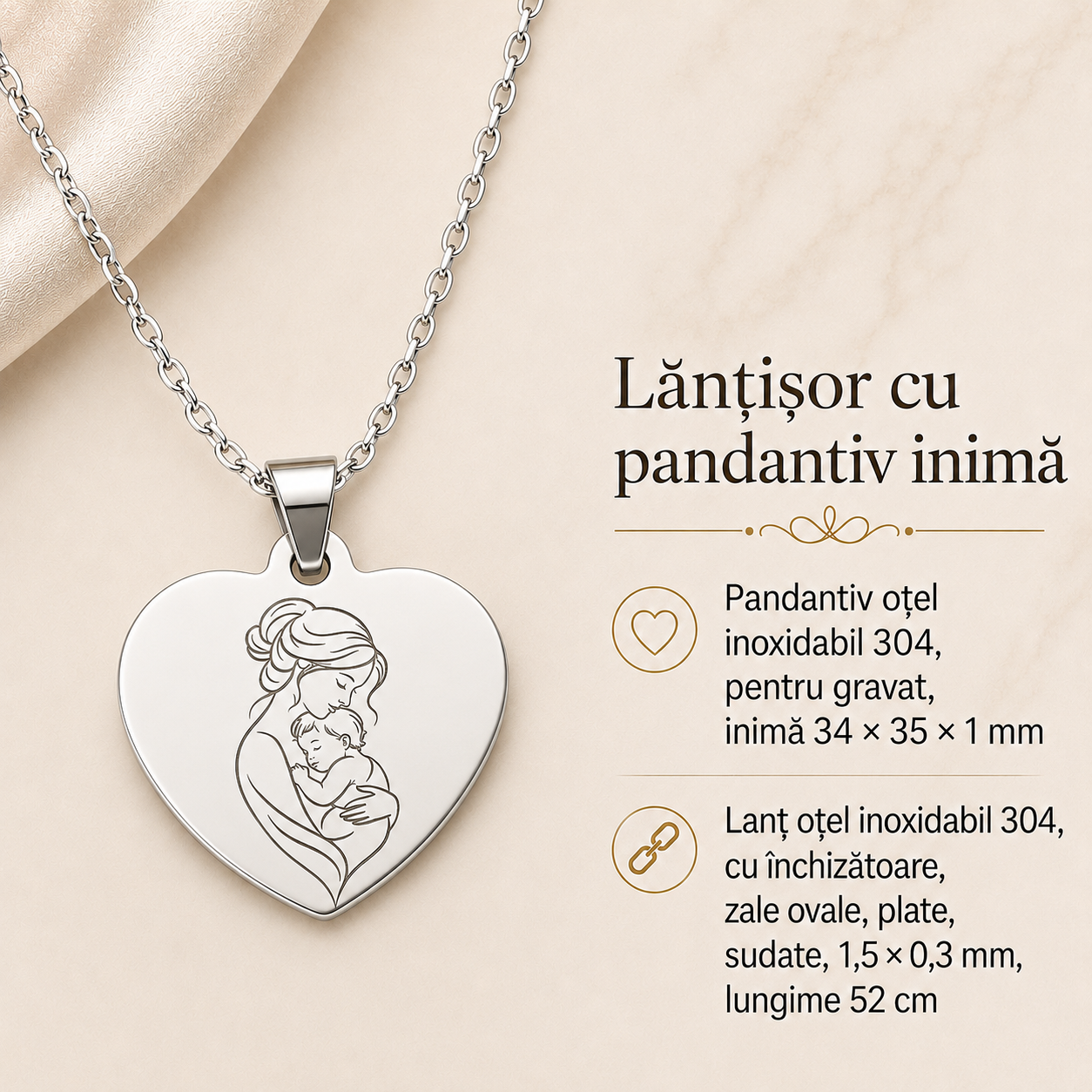 Lănțișor din oțel inoxidabil personalizat cu pandantiv inimă