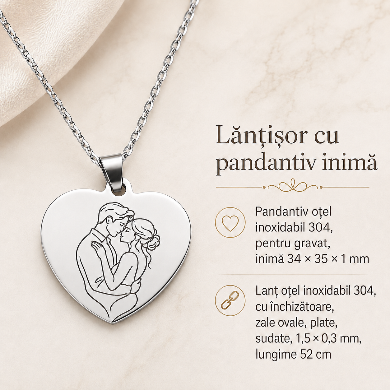 Lănțișor din oțel inoxidabil personalizat cu pandantiv inimă