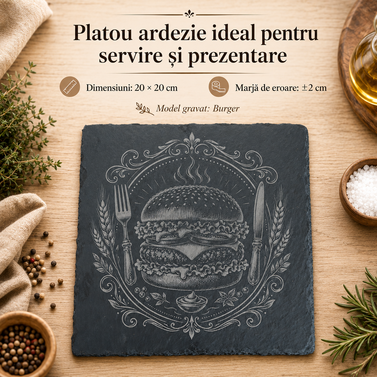 Platou ardezie gravat 20×20 cm