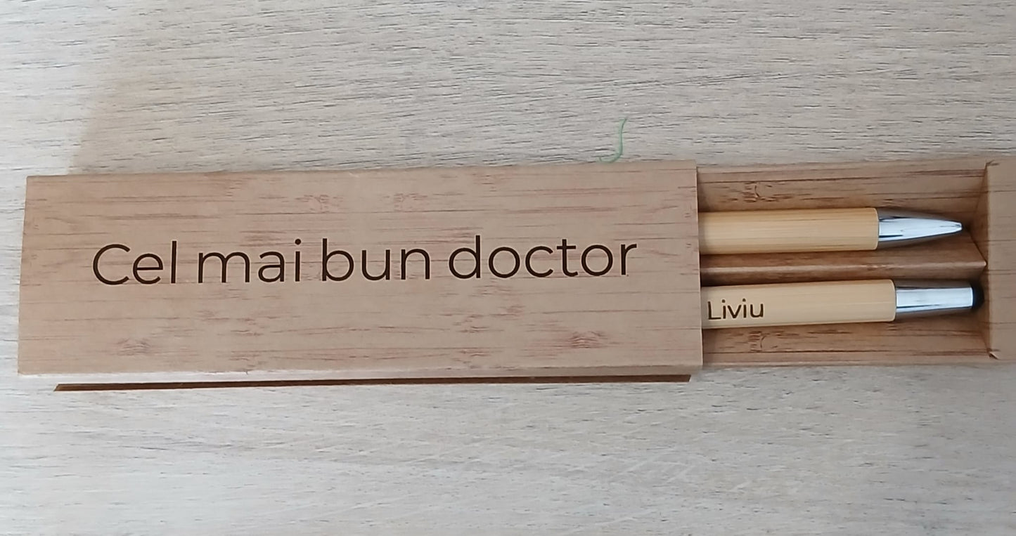 Set din bambus cu pix și creion, personalizat
