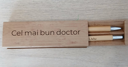 Set din bambus cu pix și creion, personalizat