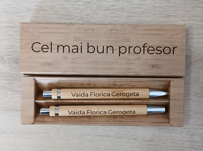 Set din bambus cu pix și creion, personalizat
