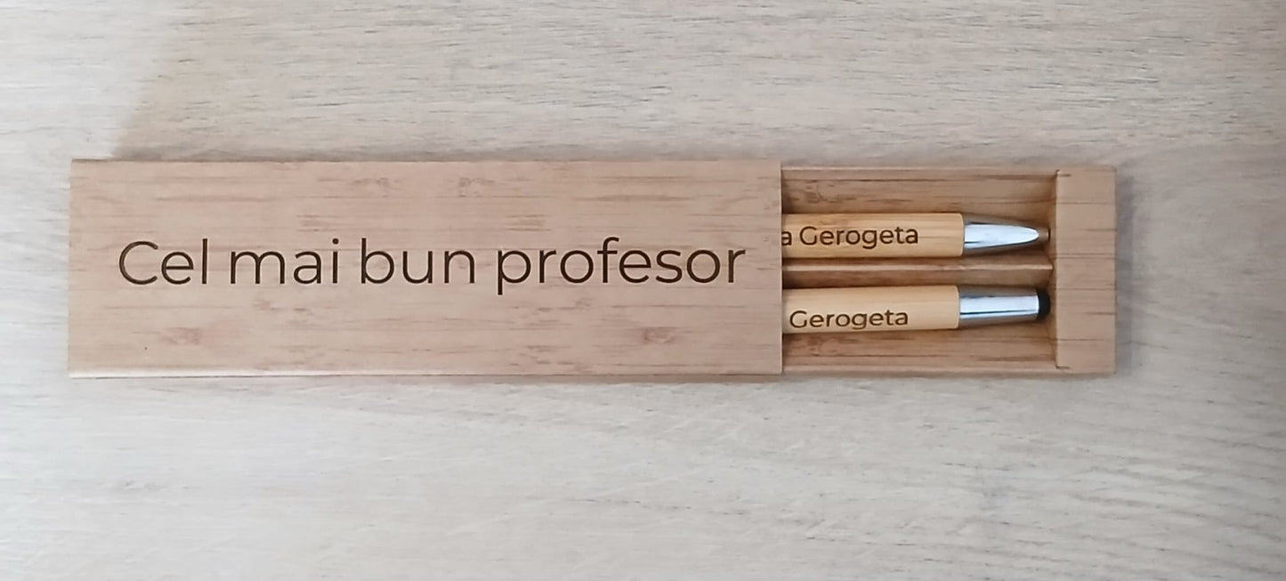 Set din bambus cu pix și creion, personalizat